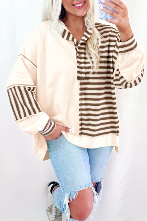 Colorblock Striped Patchwork Henley Pullover Top Exposed-Seam Drop-Shoulder